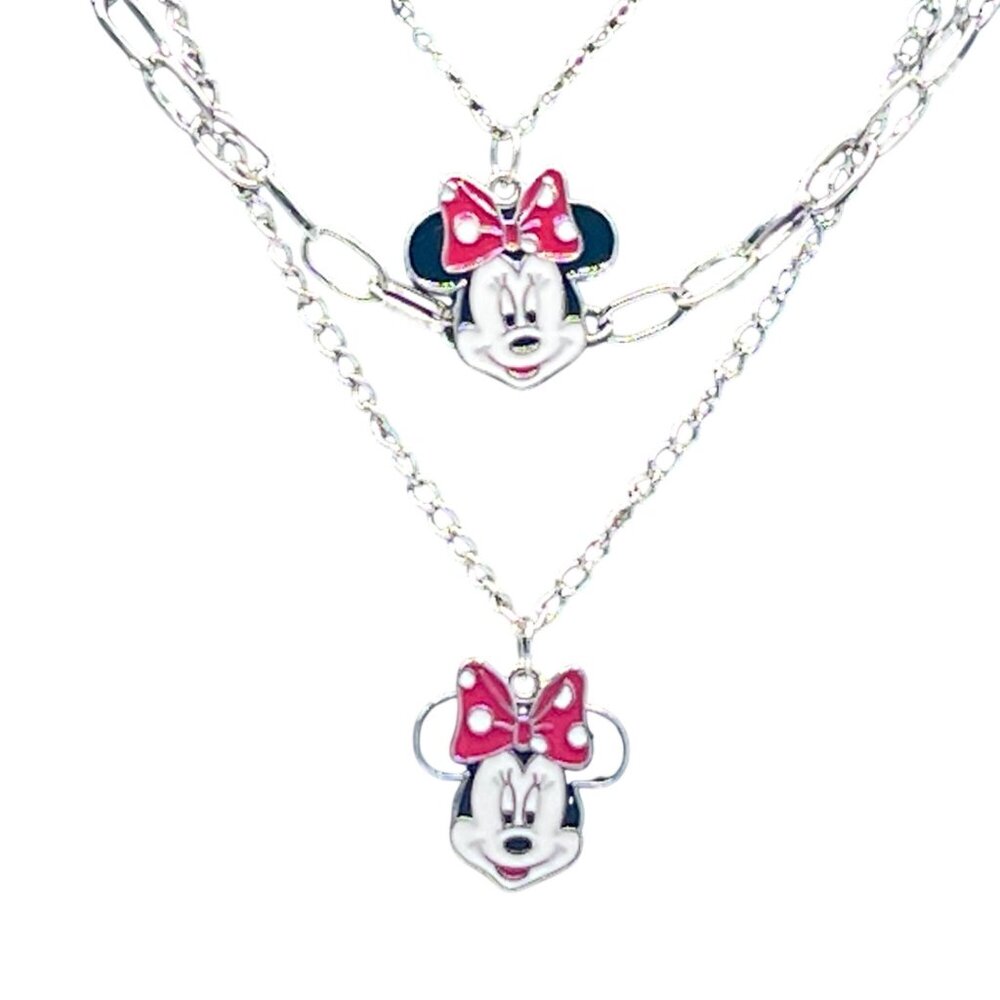 Minnie Mouse Layered Necklace Red Bow Charms Silver Tone Chains Lobster Clasp - Picture 3 of 6